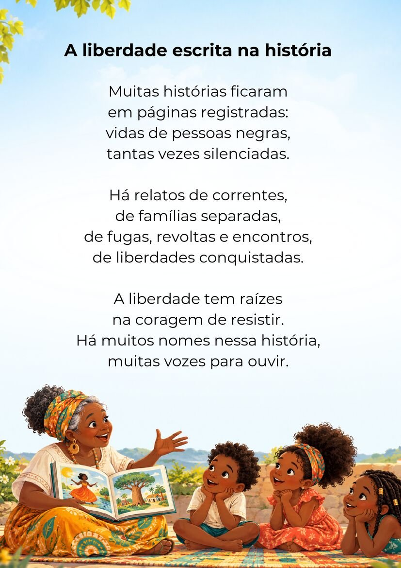 Poema A liberdade escrita na história, com uma mulher negra lendo um livro ilustrado para três crianças.